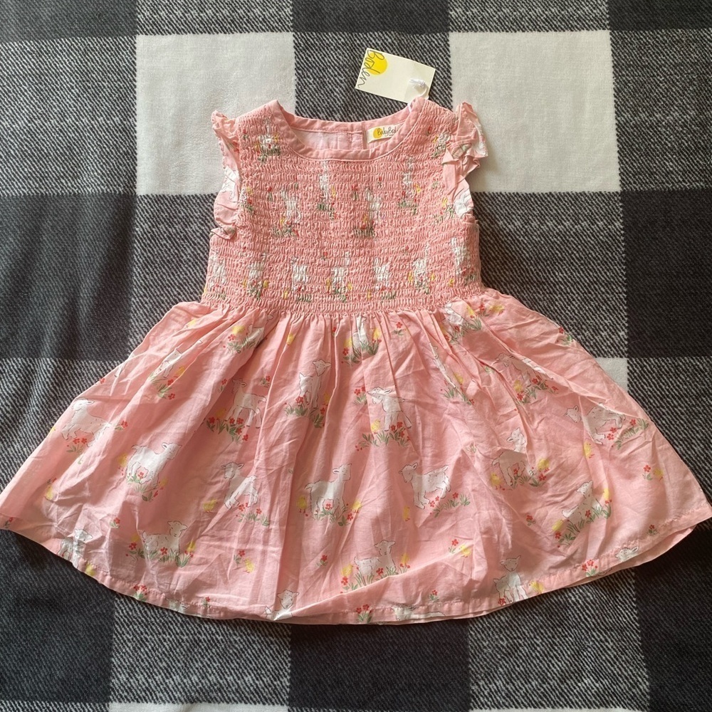 Mini Boden Smocked Woven Pink Dress in Spring Easter Lamb Chicks Print